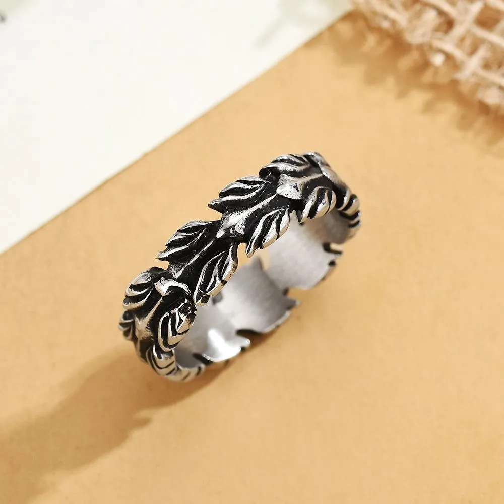 Foreign Trade Jewelry Wholesale European And American Personality Retro Feather Wheat Ears Men's Titanium Steel Ring Ring Factory Direct Sales