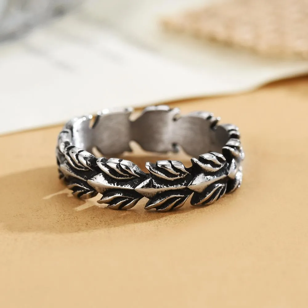 Foreign Trade Jewelry Wholesale European And American Personality Retro Feather Wheat Ears Men's Titanium Steel Ring Ring Factory Direct Sales