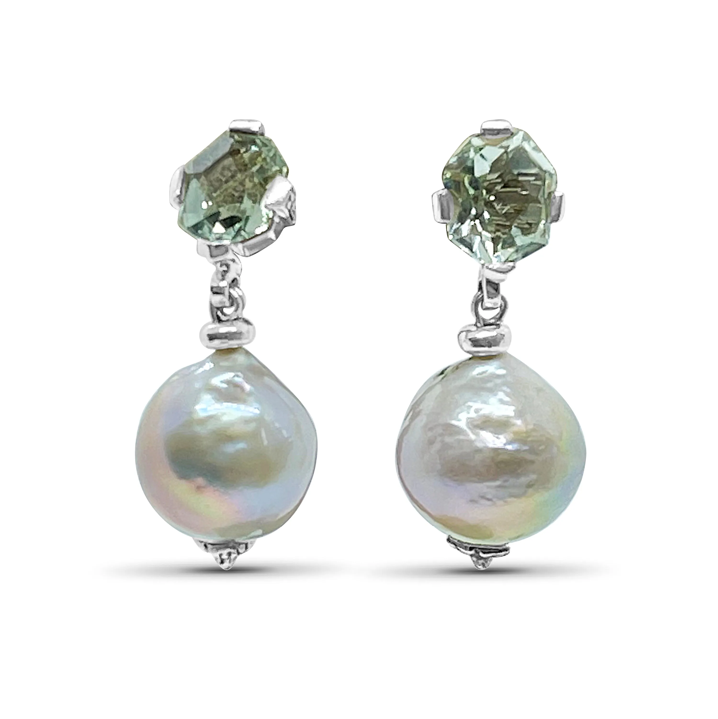 Galactical Freeform Green Amethyst and Silver Baroque Pearl Drop Earrings in Sterling Silver