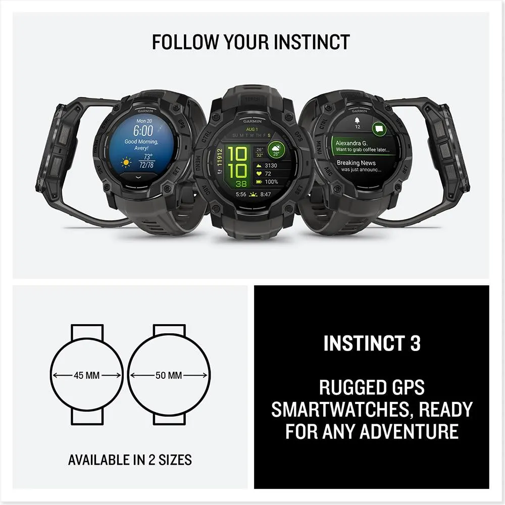 Garmin Instinct 3 - 50 mm Outdoor GPS Smartwatch, AMOLED, Black with Black Band