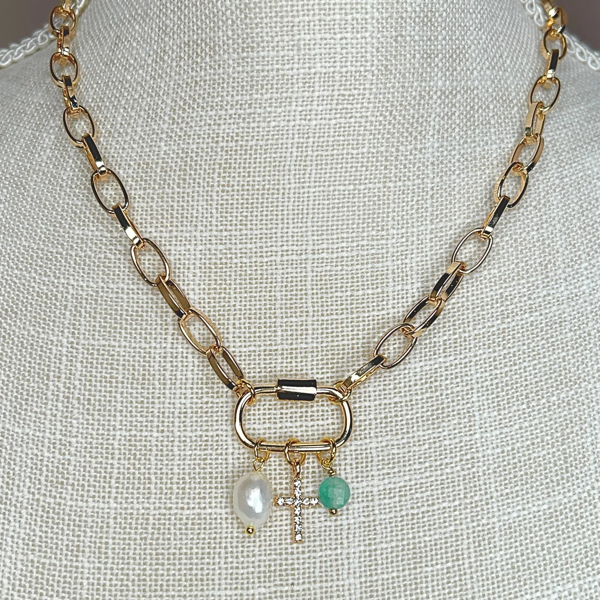 Gold Carabiner Charm Necklace with Cross, Pearl & Turquoise Charm