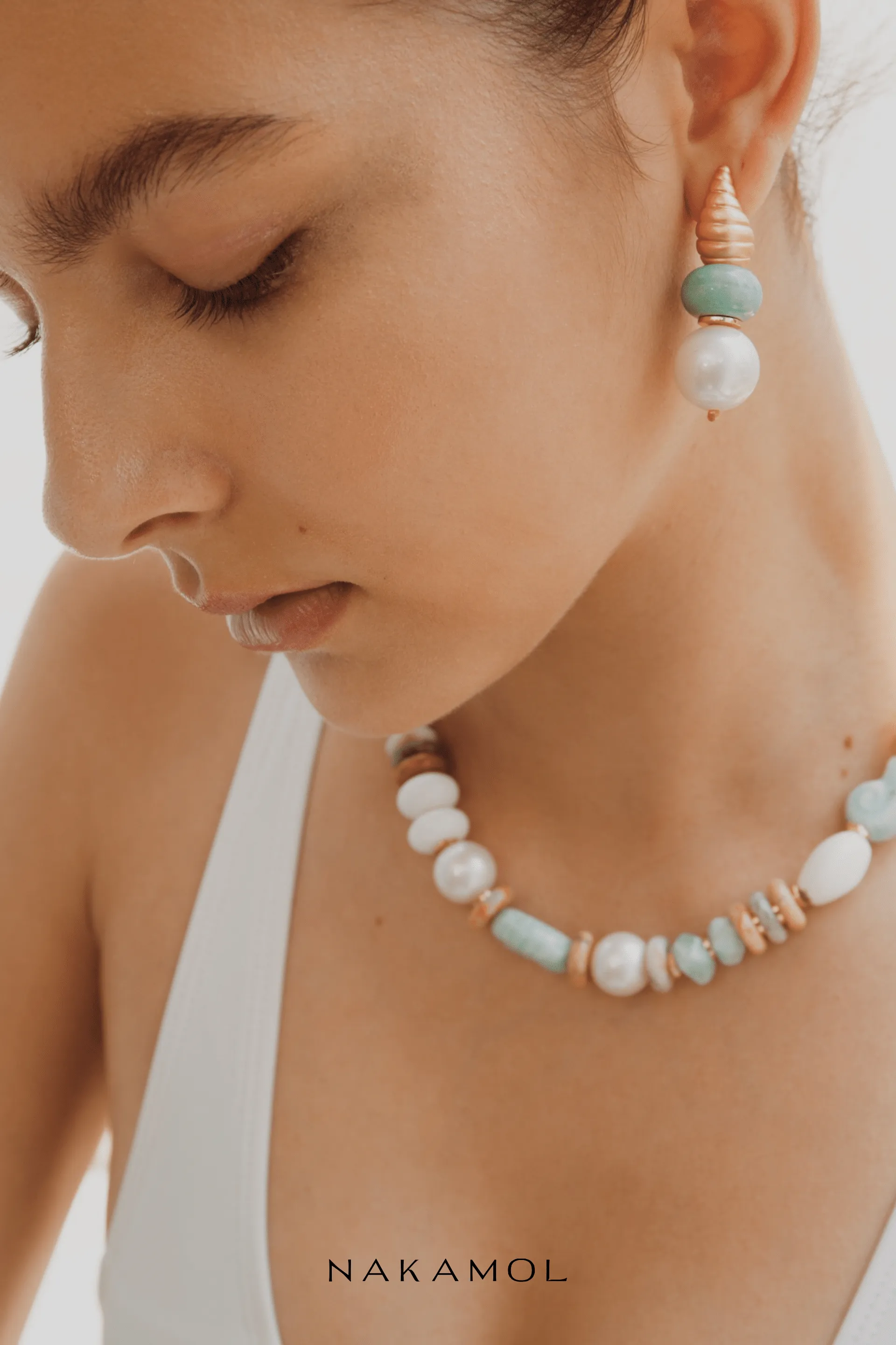 Gold Conus White Amazonite Earrings