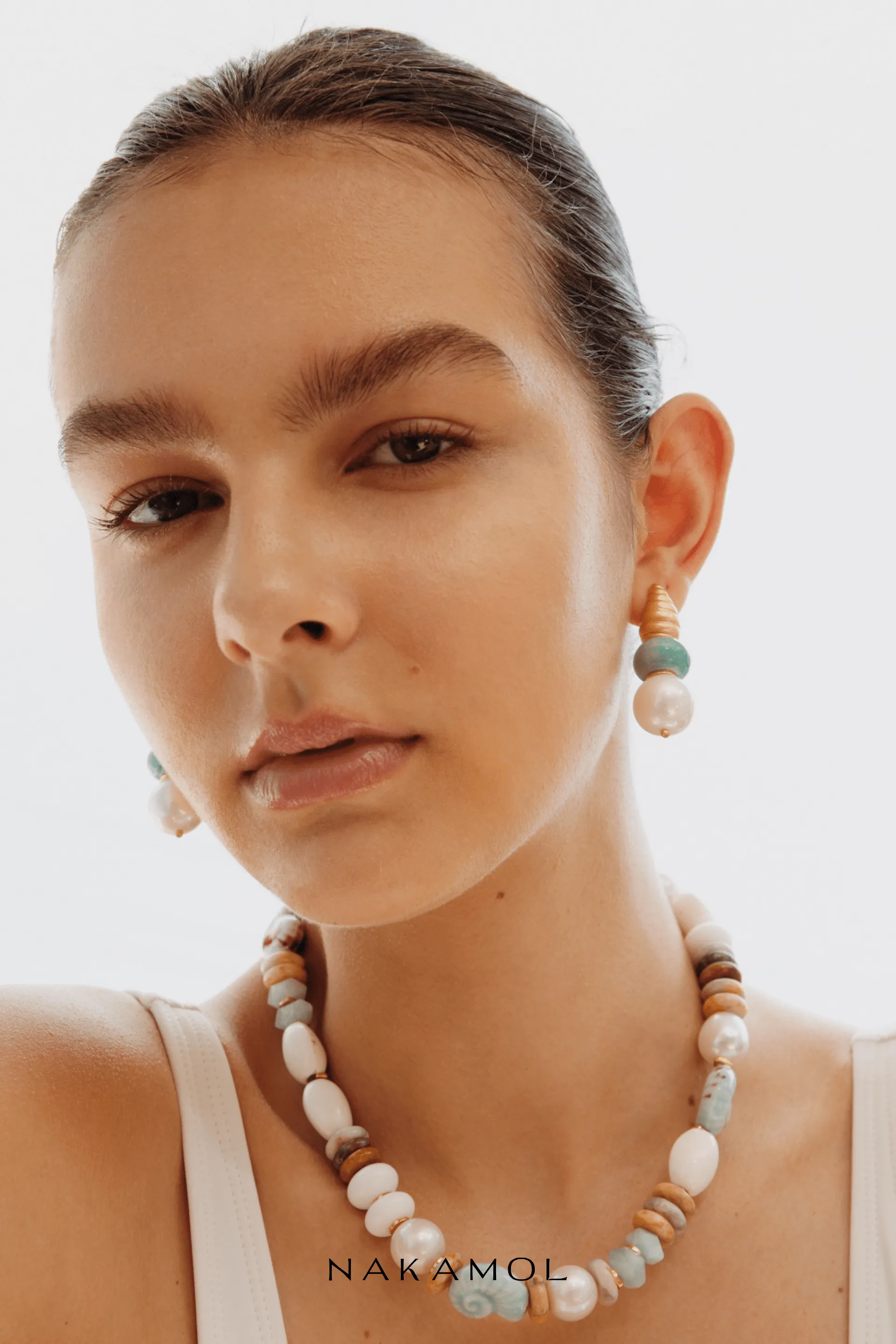 Gold Conus White Amazonite Earrings
