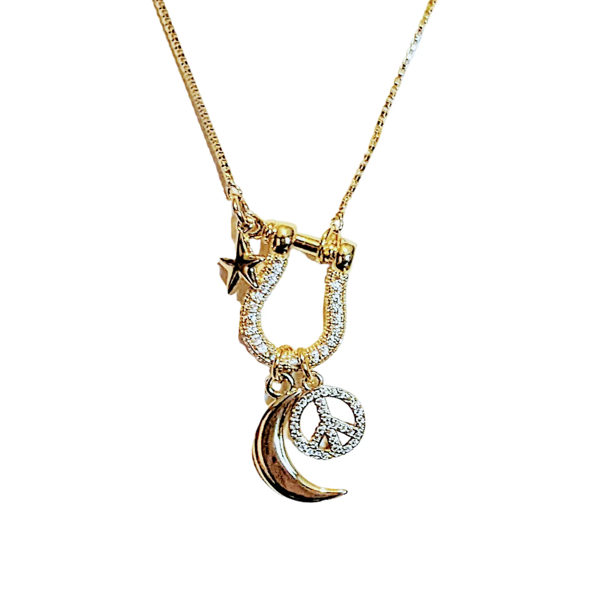 Gold Crescent Moon Peace Sign Necklace, adjustable up to 24 inches