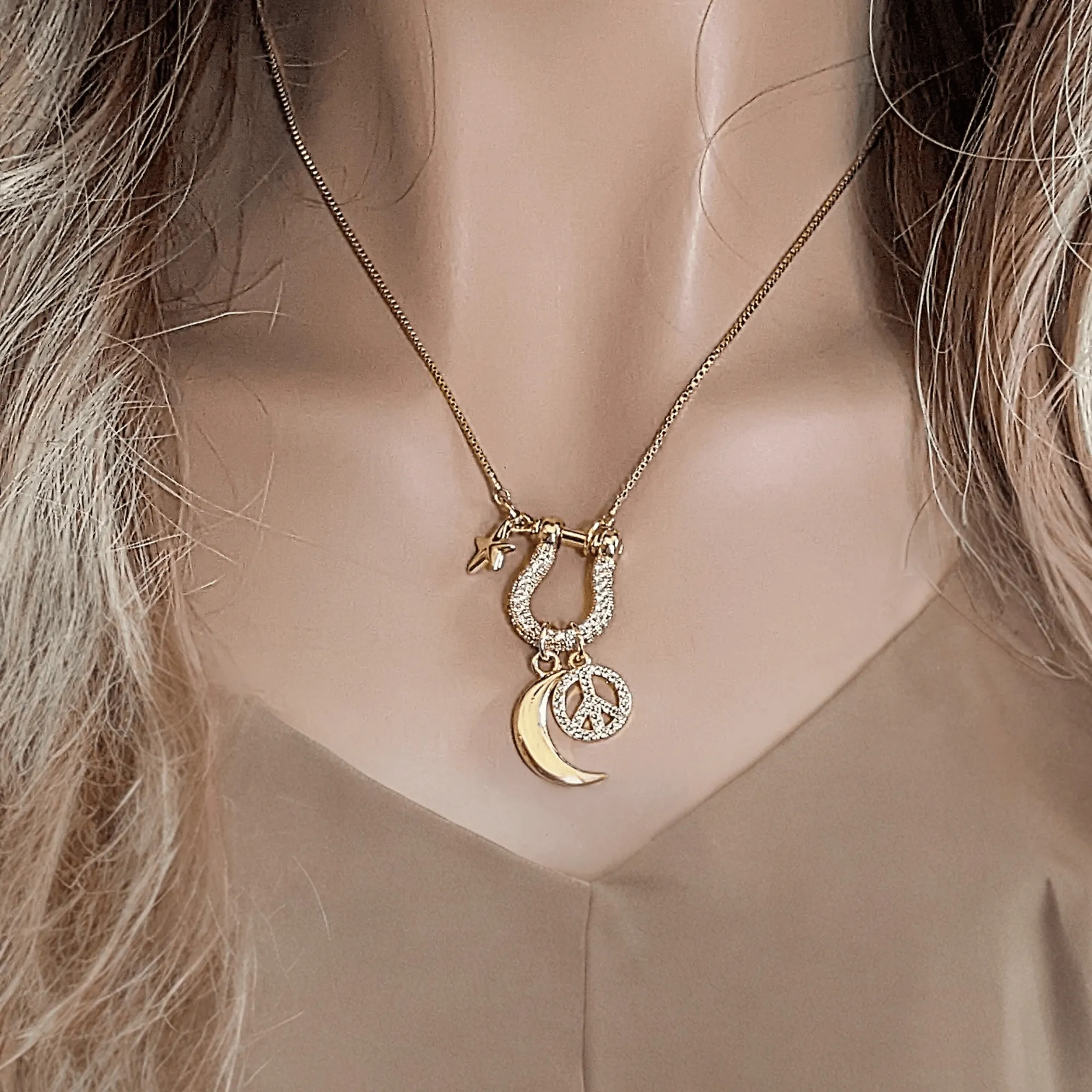 Gold Crescent Moon Peace Sign Necklace, adjustable up to 24 inches
