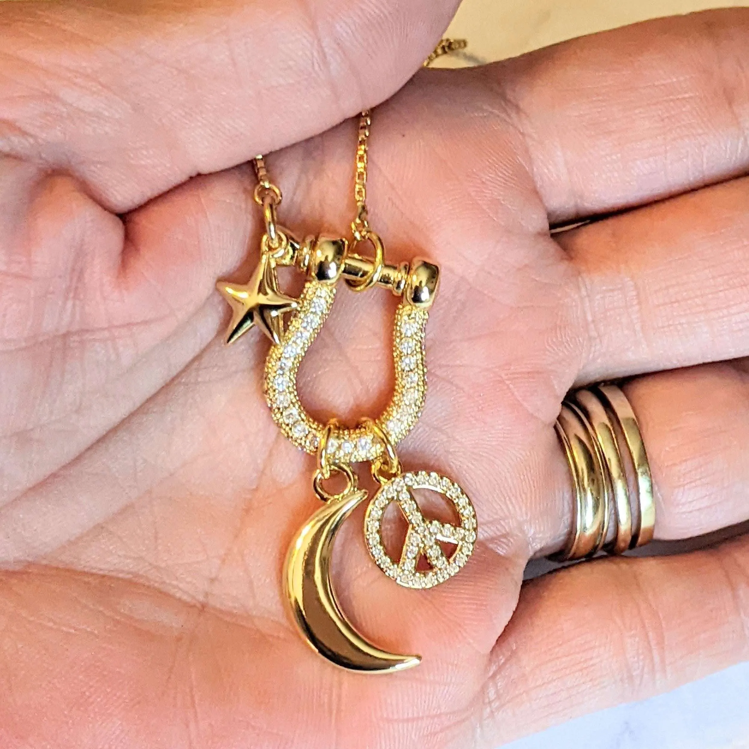 Gold Crescent Moon Peace Sign Necklace, adjustable up to 24 inches