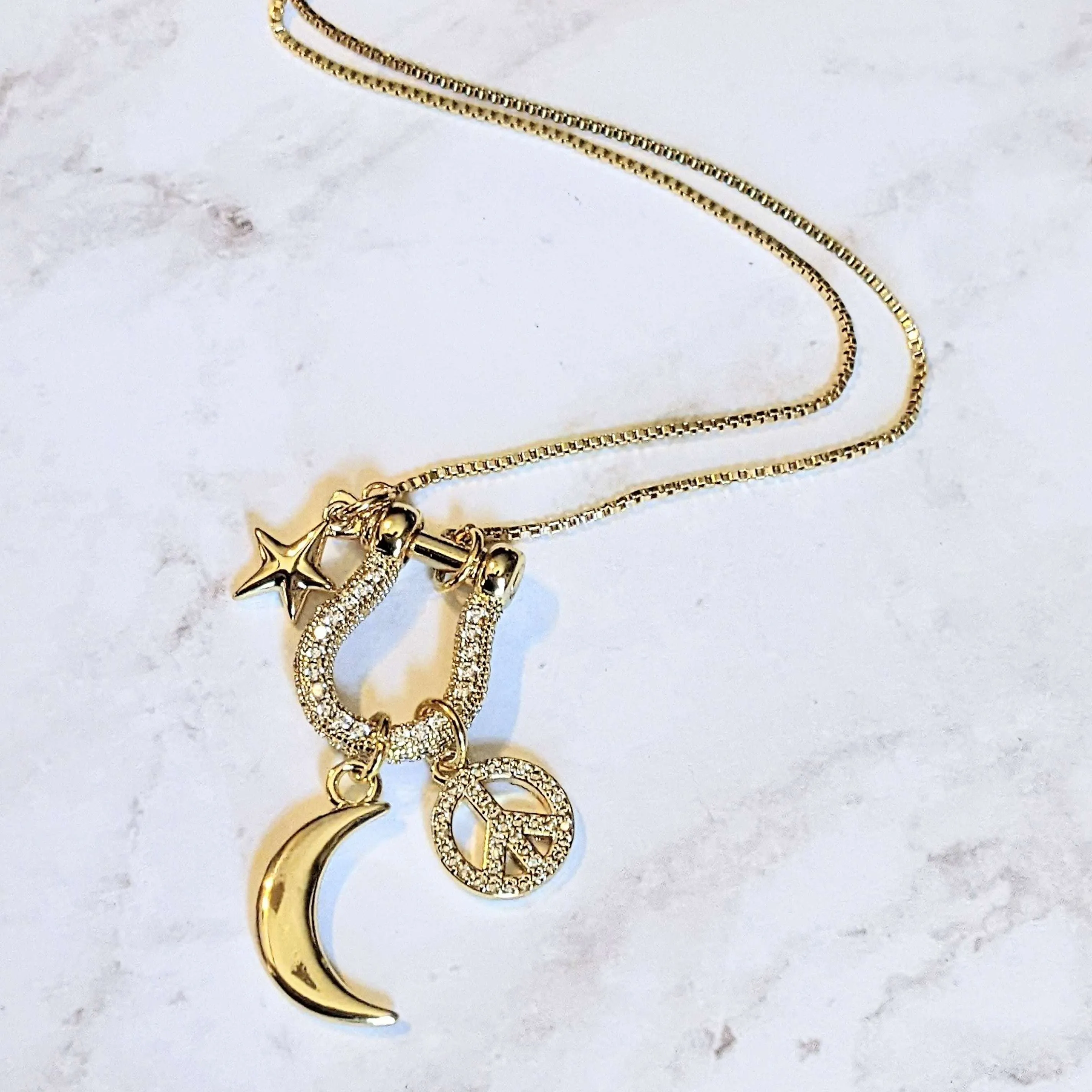 Gold Crescent Moon Peace Sign Necklace, adjustable up to 24 inches