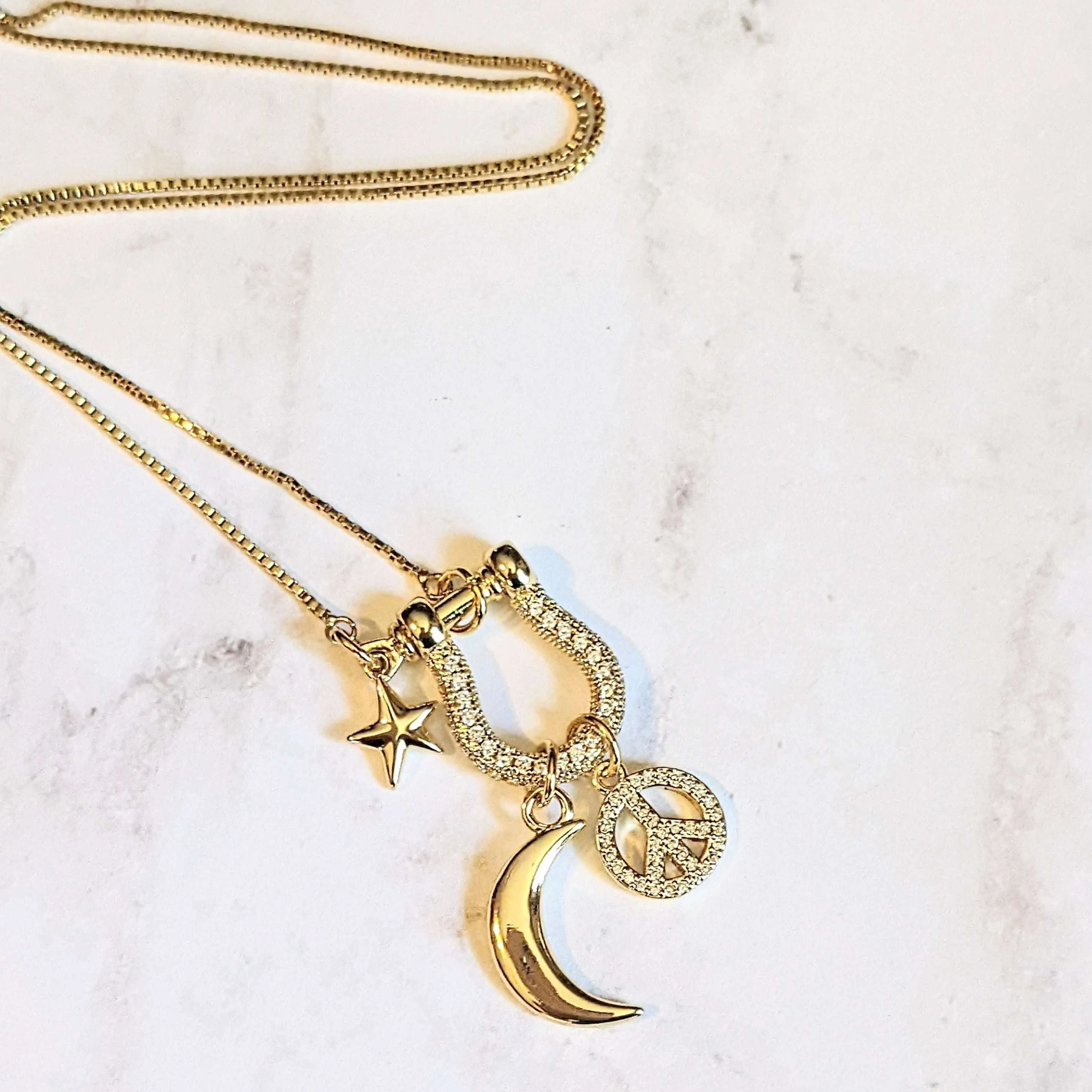 Gold Crescent Moon Peace Sign Necklace, adjustable up to 24 inches