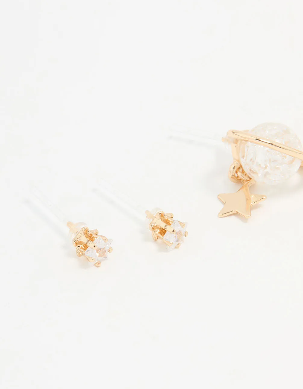 Gold Cubic Zirconia Planet & Rocket Earrings 3-Pack