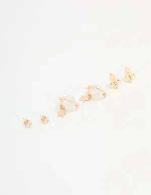 Gold Cubic Zirconia Planet & Rocket Earrings 3-Pack