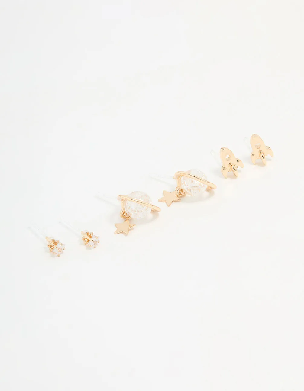 Gold Cubic Zirconia Planet & Rocket Earrings 3-Pack