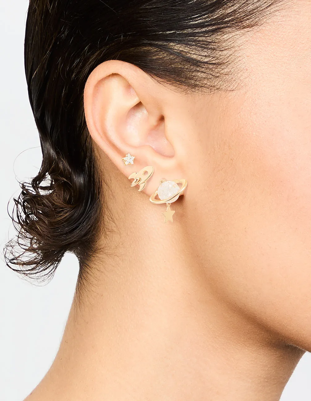 Gold Cubic Zirconia Planet & Rocket Earrings 3-Pack