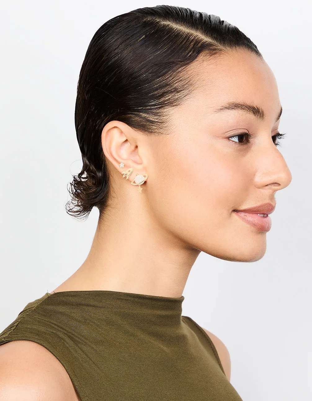 Gold Cubic Zirconia Planet & Rocket Earrings 3-Pack