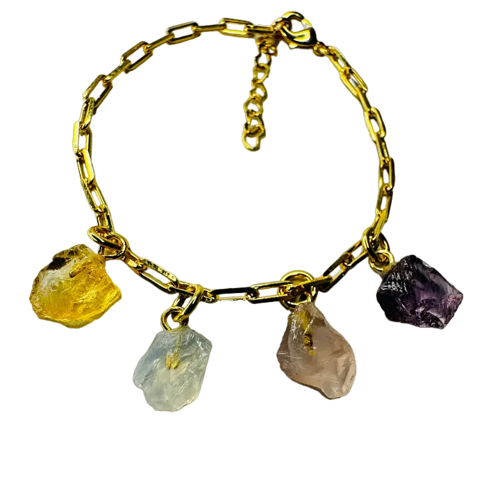 Gold Plated Bracelet Quartet - Citrino (Citrine), Cristal Milk (Milky Crystal), Quartzo Rosa (Rose Quartz) and Ametista (Amethyst)