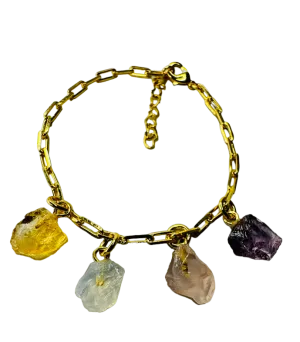 Gold Plated Bracelet Quartet - Citrino (Citrine), Cristal Milk (Milky Crystal), Quartzo Rosa (Rose Quartz) and Ametista (Amethyst)