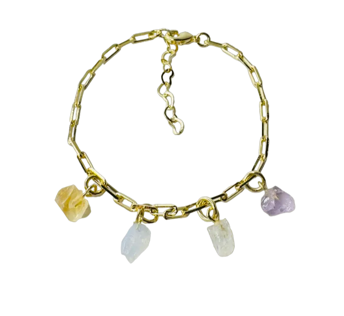 Gold Plated Bracelet Quartet - Citrino (Citrine), Cristal Milk (Milky Quartz), Cristal de Rocha (Rock Crystal), and Ametista (Amethyst)