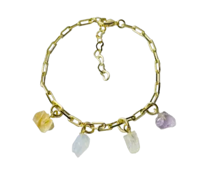 Gold Plated Bracelet Quartet - Citrino (Citrine), Cristal Milk (Milky Quartz), Cristal de Rocha (Rock Crystal), and Ametista (Amethyst)