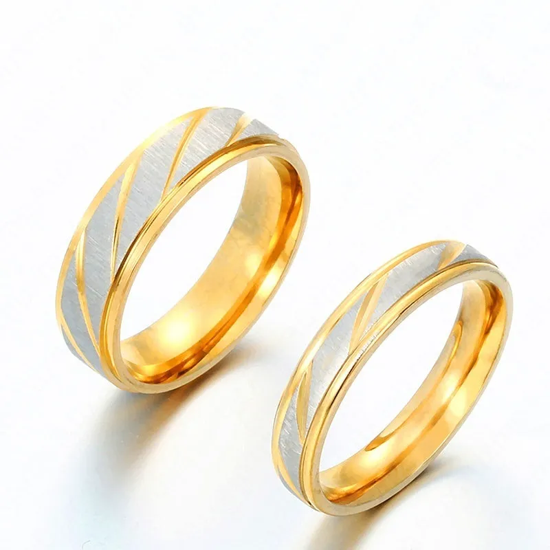 Golden Wave Pattern Titanium Steel Couple Ring for Wedding