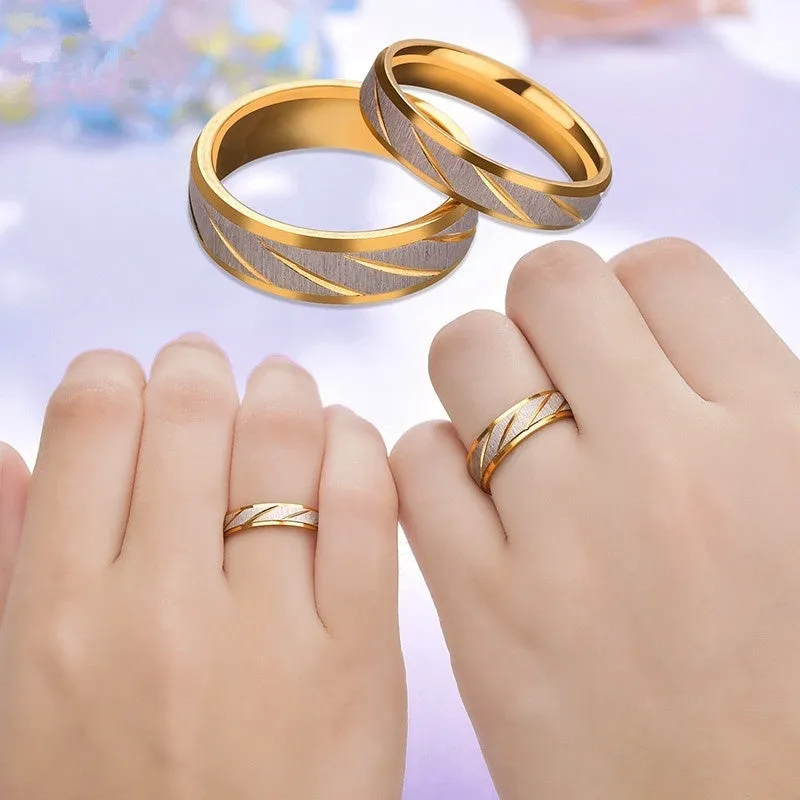 Golden Wave Pattern Titanium Steel Couple Ring for Wedding