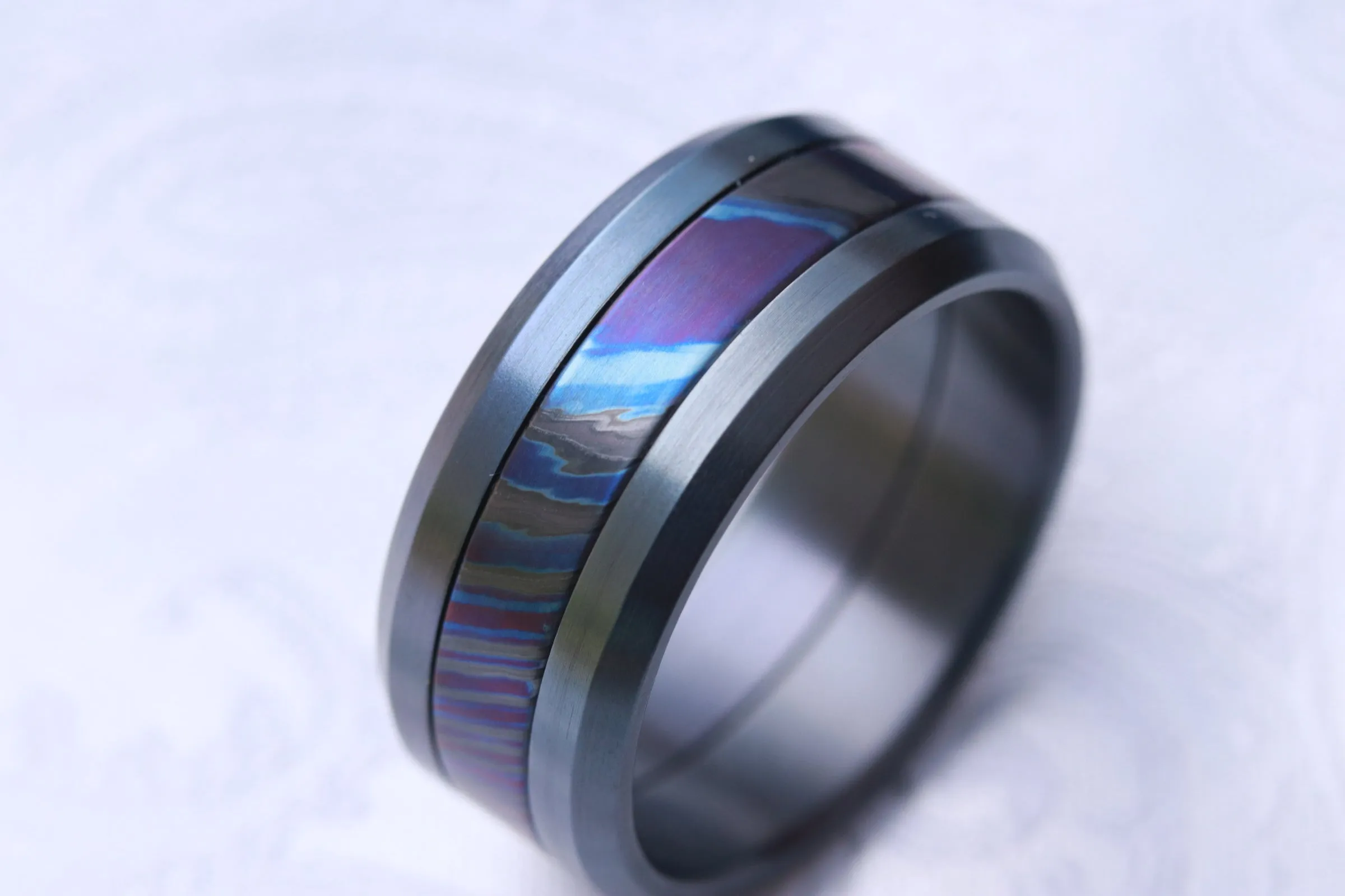 Grayson BLK / BLU  Limited Edition Series-10.75mm titanium damascus Timascus / Mokuti timascus & black titanium ring, black timascus ring, mokuti ring