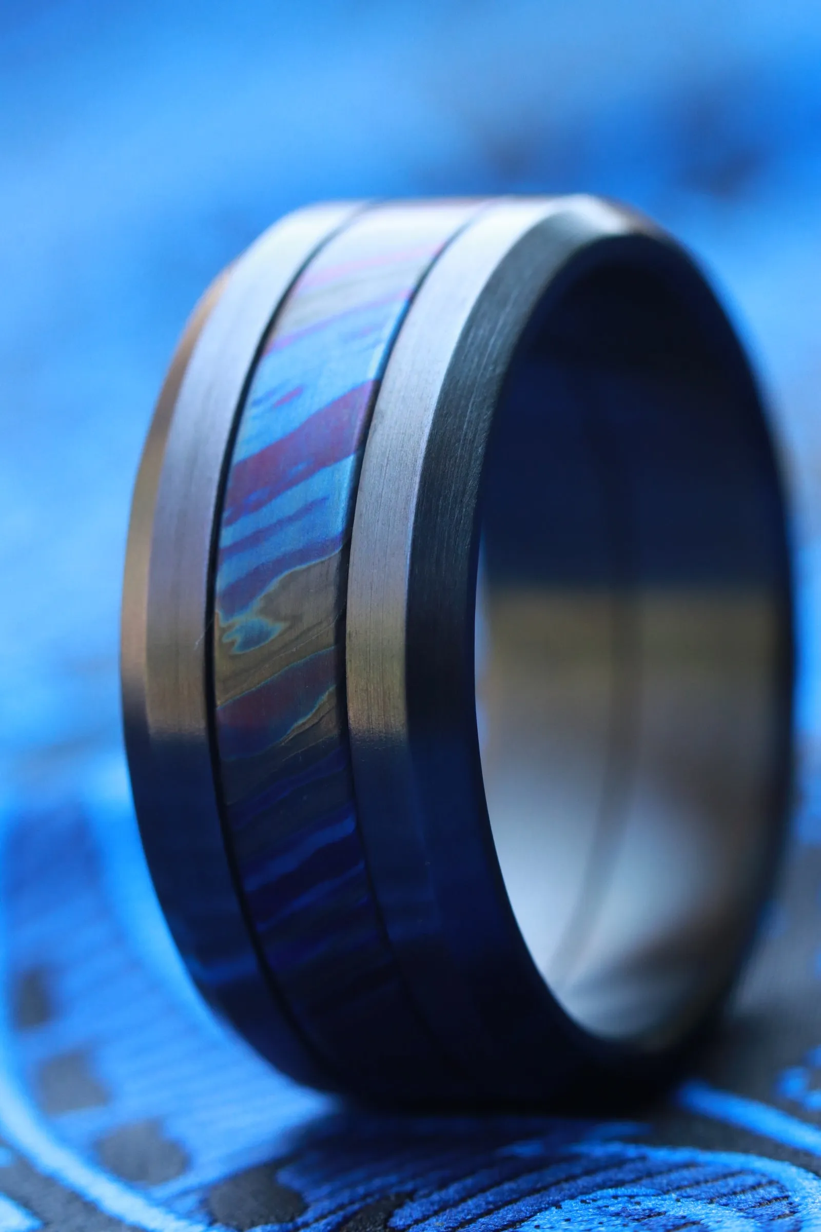 Grayson BLK / BLU  Limited Edition Series-10.75mm titanium damascus Timascus / Mokuti timascus & black titanium ring, black timascus ring, mokuti ring