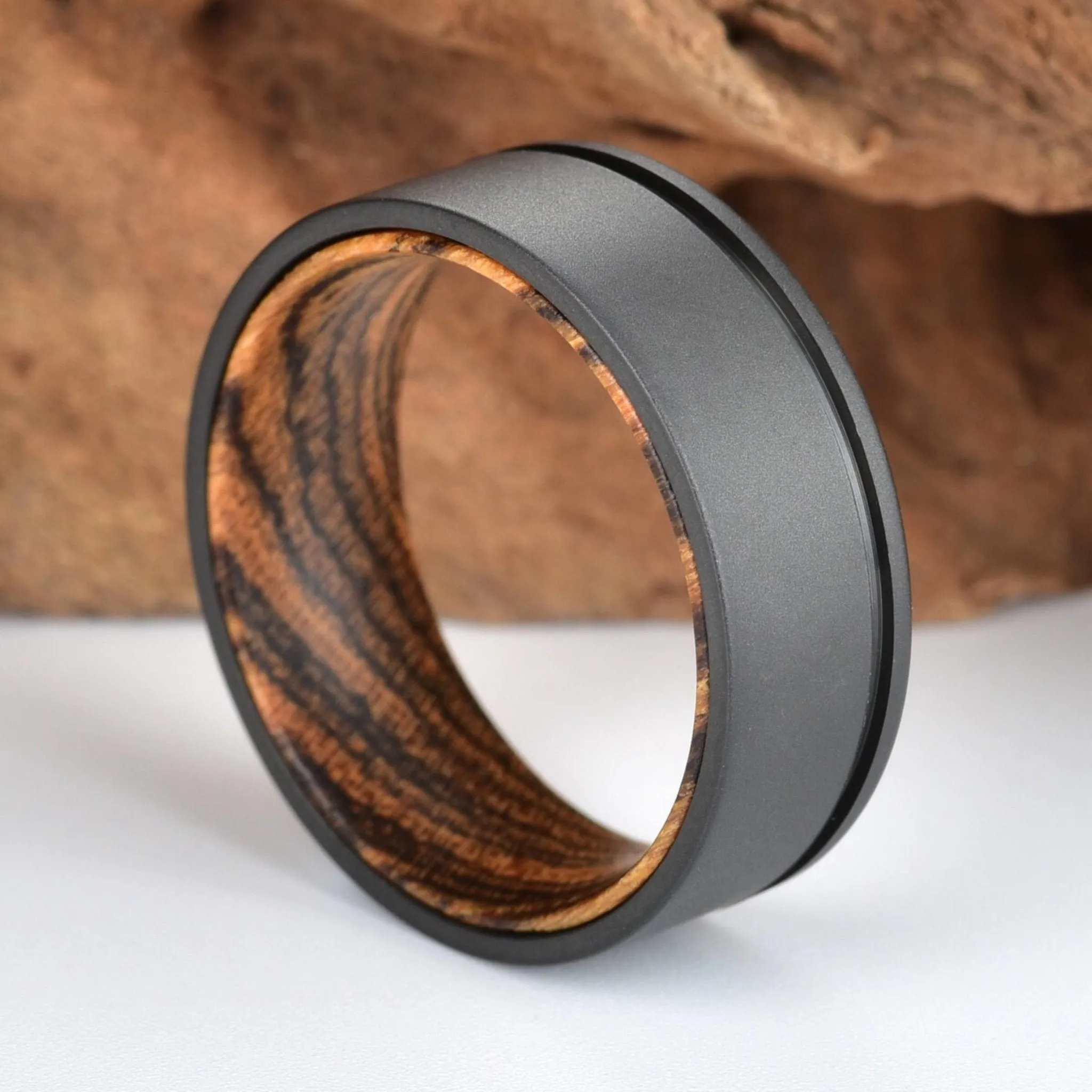 Gun Metal Gray Titanium Ring Exotic Bocote Wood Men's Wedding Band 6MM-8MM