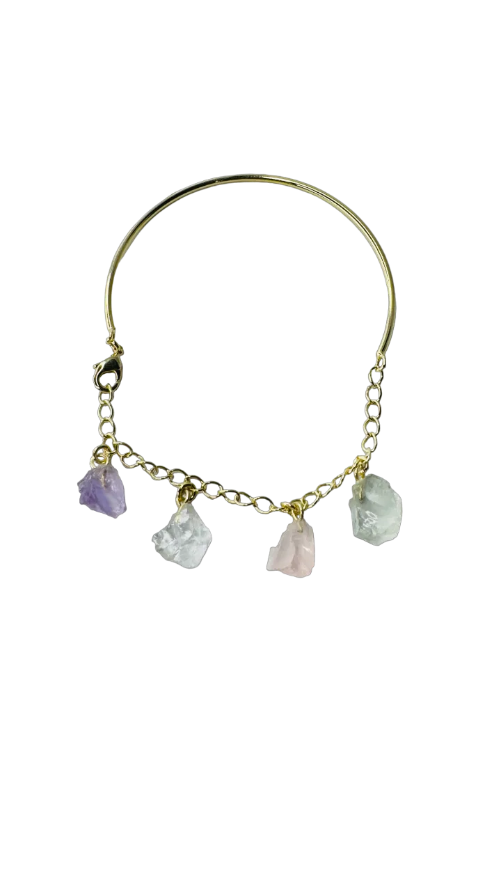Half Moon Half Chain Quartet Gold Plated Bracelet - Ametista (Amethyst), Cristal de Rocha (Rock Crystal), Quartzo Rosa (Rose Quartz), and Prasiolita (Prasiolite)