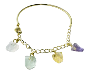 Half Moon Half Chain Quartet Gold Plated Bracelet - Cristal de Rocha (Rock Crystal), Prasiolita (Prasiolite), Citrino (Citrine), and Ametista (Amethyst)