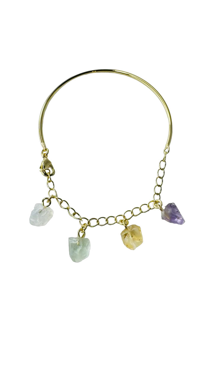 Half Moon Half Chain Quartet Gold Plated Bracelet - Cristal de Rocha (Rock Crystal), Prasiolita (Prasiolite), Citrino (Citrine), and Ametista (Amethyst)