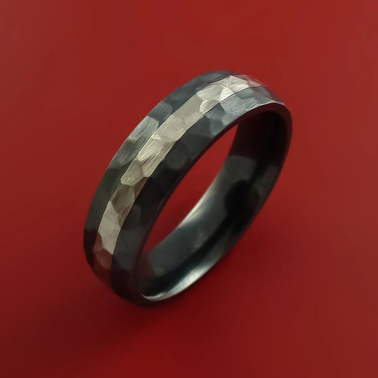 Hammered Black Zirconium Ring with Palladium Silver Inlay Custom Made Band
