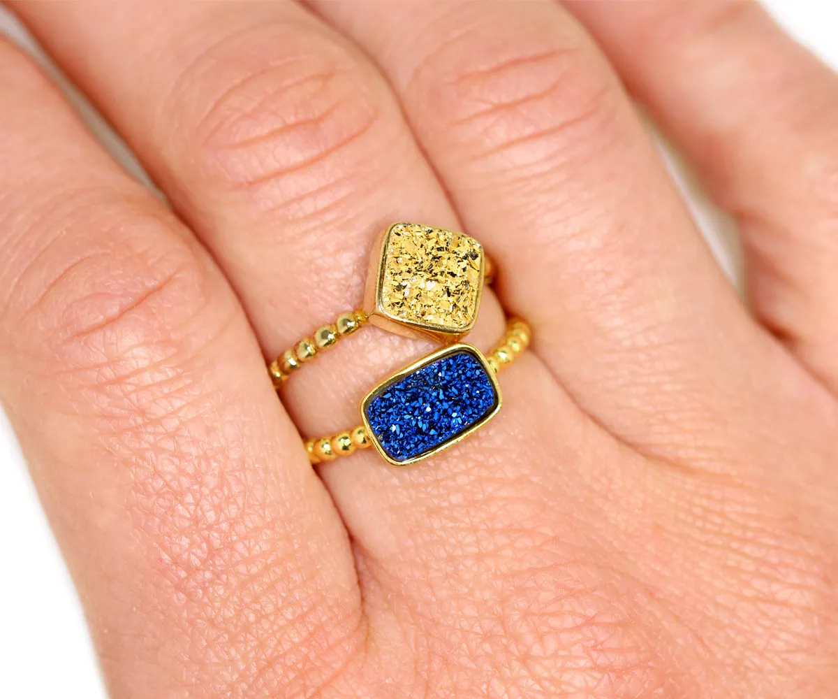 Horizontal Rectangle Purple Rainbow Druzy Ring