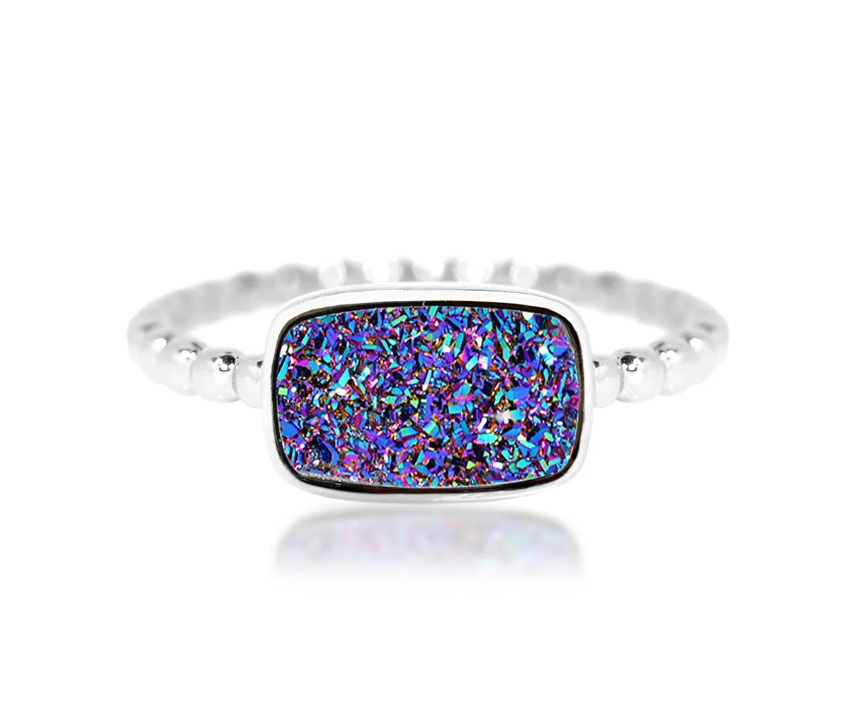 Horizontal Rectangle Purple Rainbow Druzy Ring