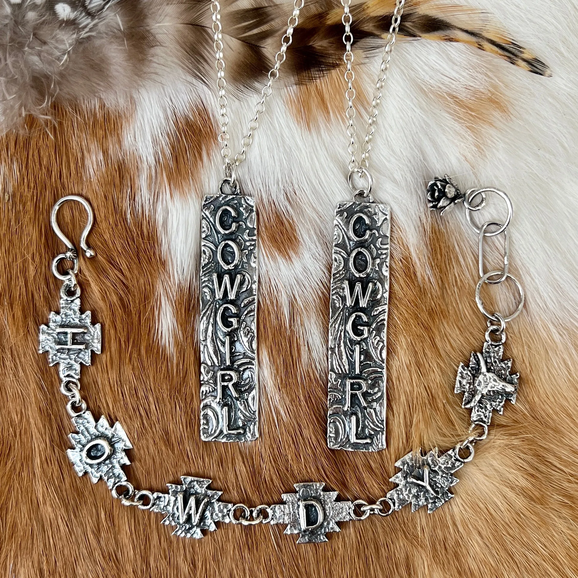 Howdy Cowgirl Aztec Sterling Silver hand carved bracelet