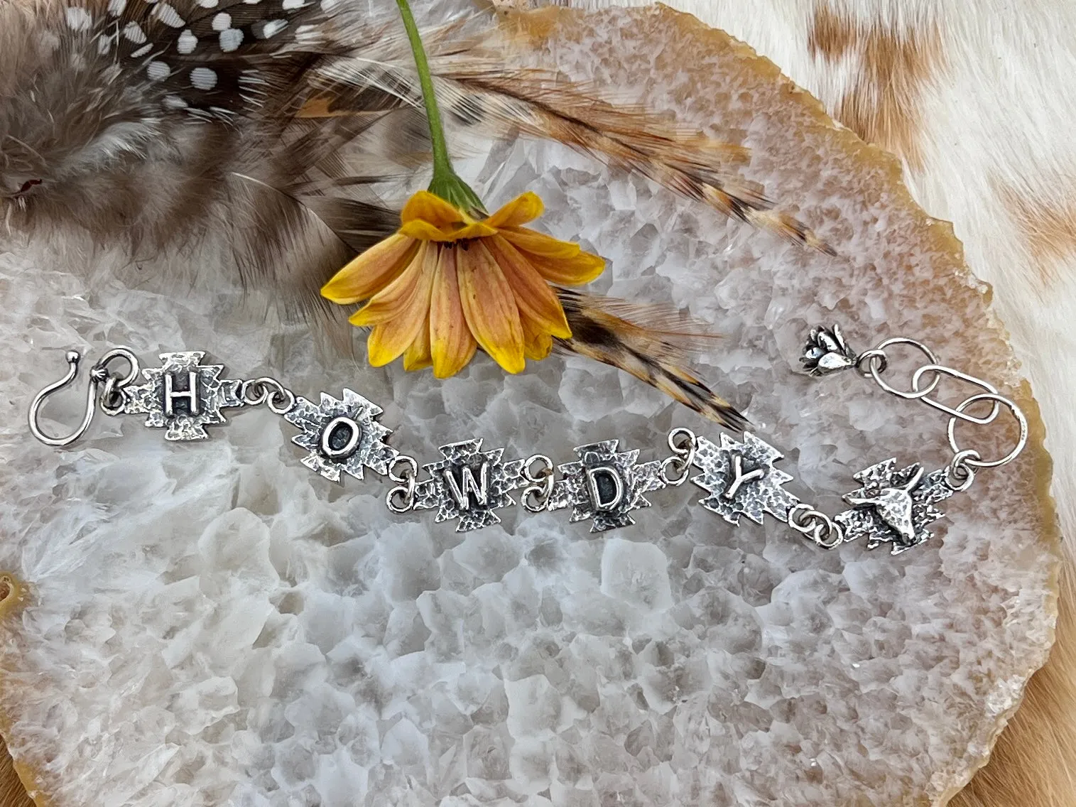 Howdy Cowgirl Aztec Sterling Silver hand carved bracelet