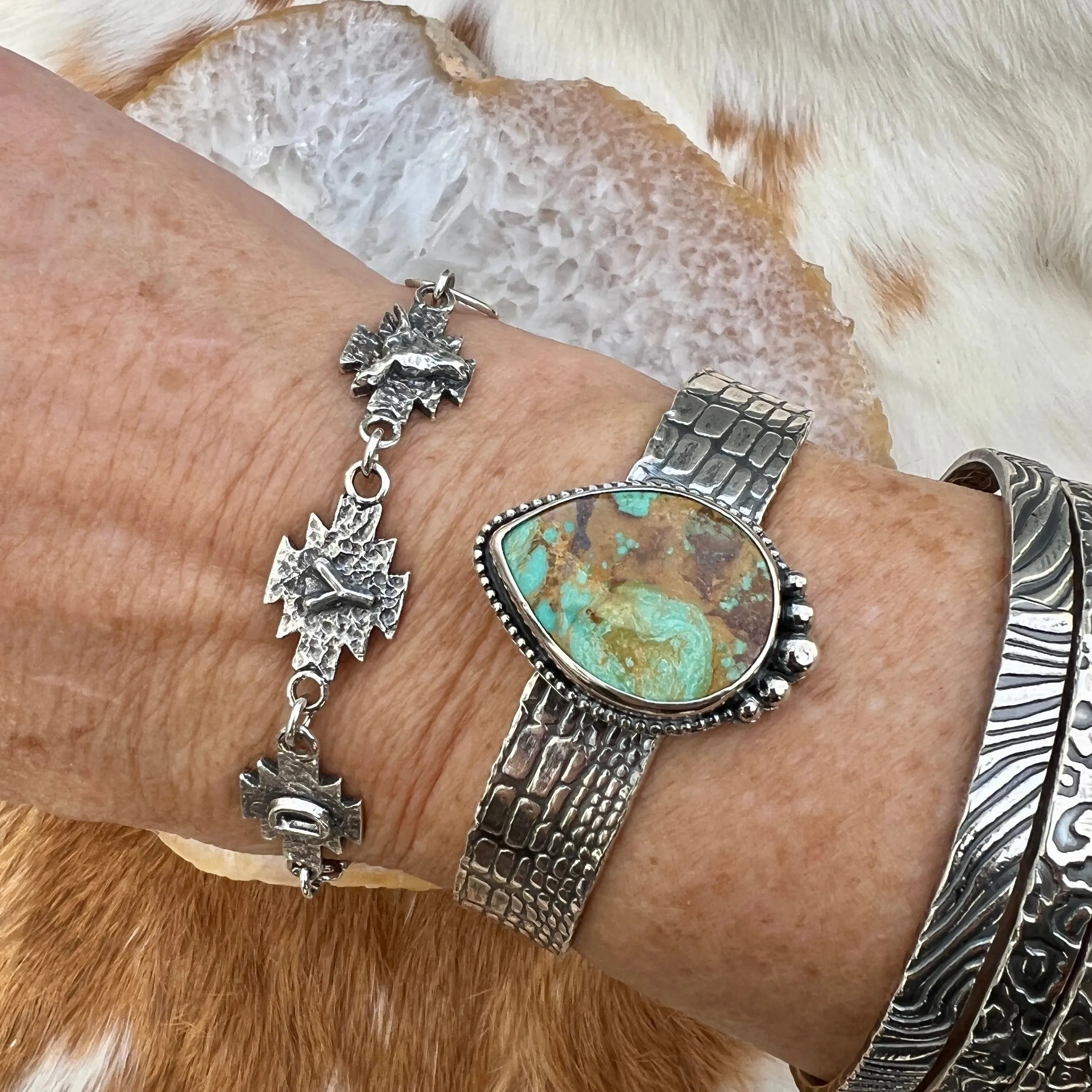 Howdy Cowgirl Aztec Sterling Silver hand carved bracelet