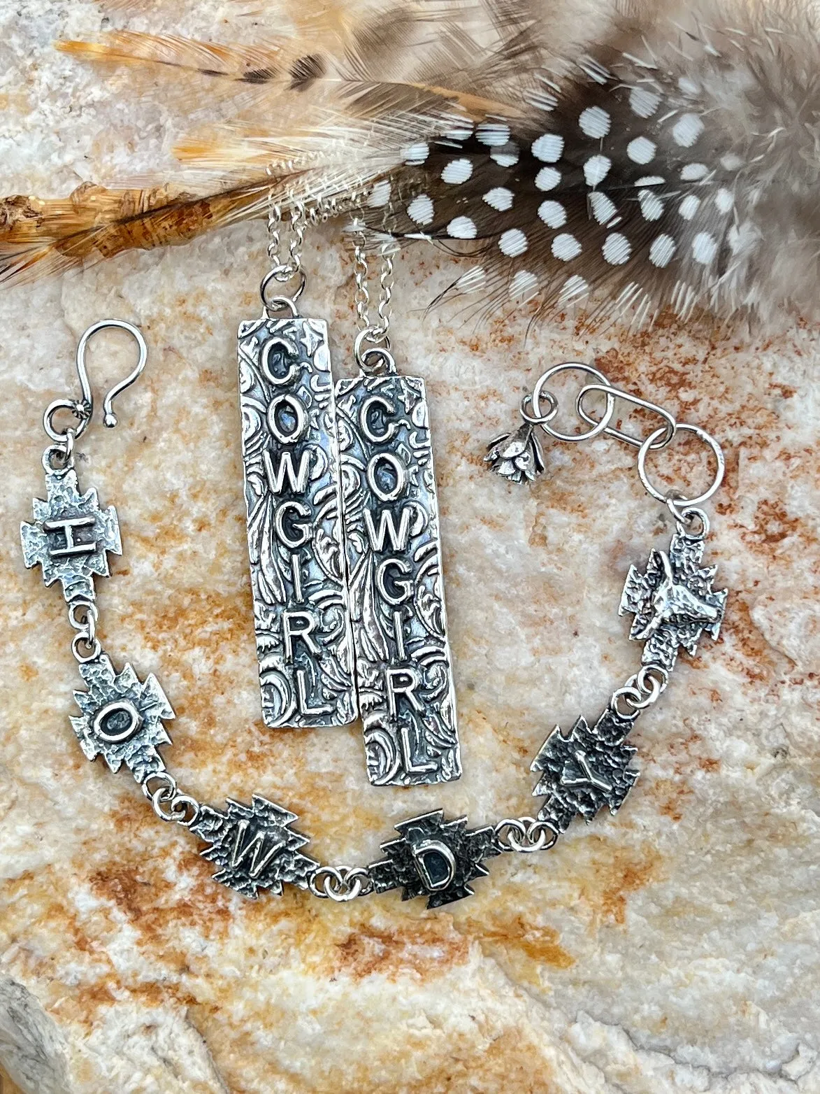 Howdy Cowgirl Aztec Sterling Silver hand carved bracelet