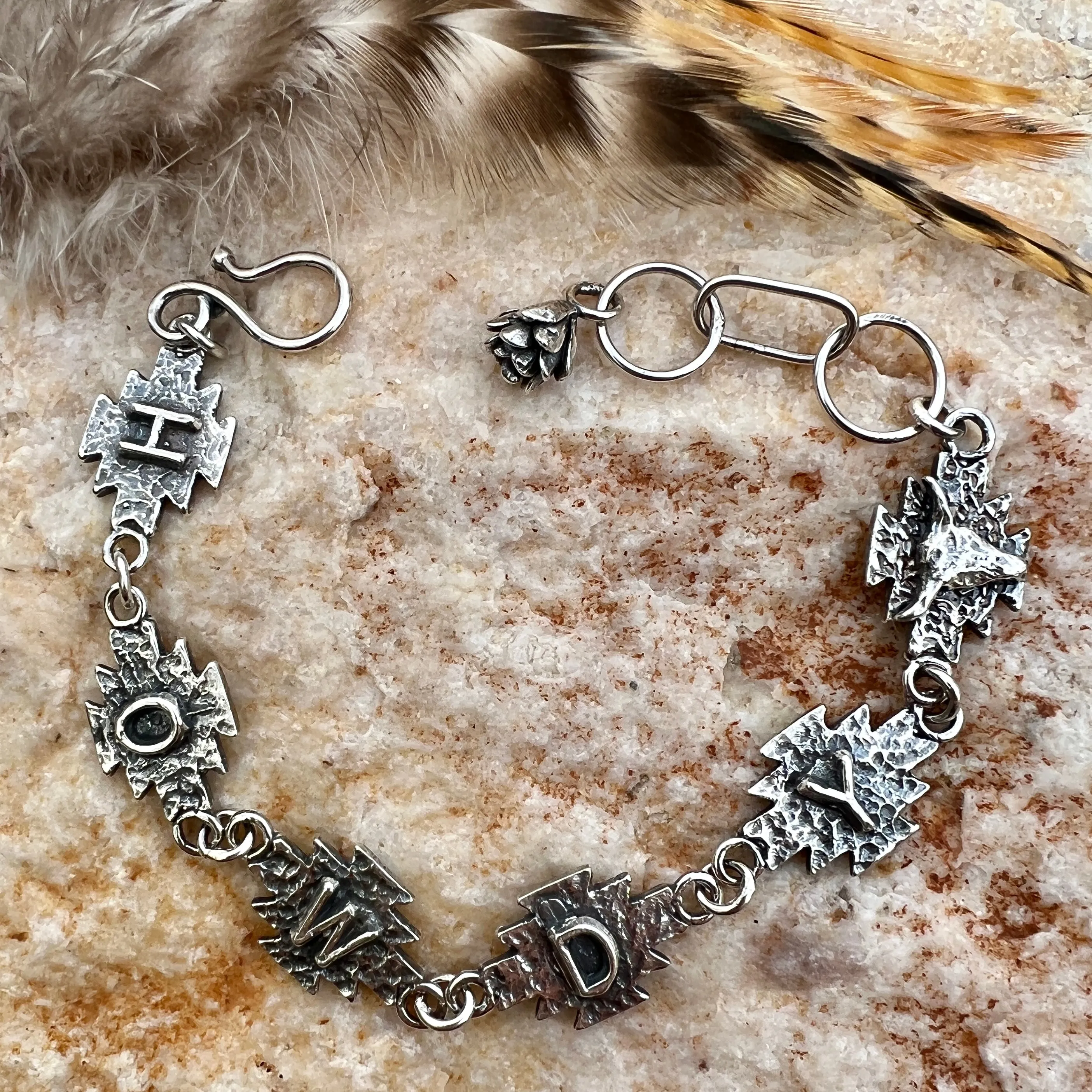 Howdy Cowgirl Aztec Sterling Silver hand carved bracelet