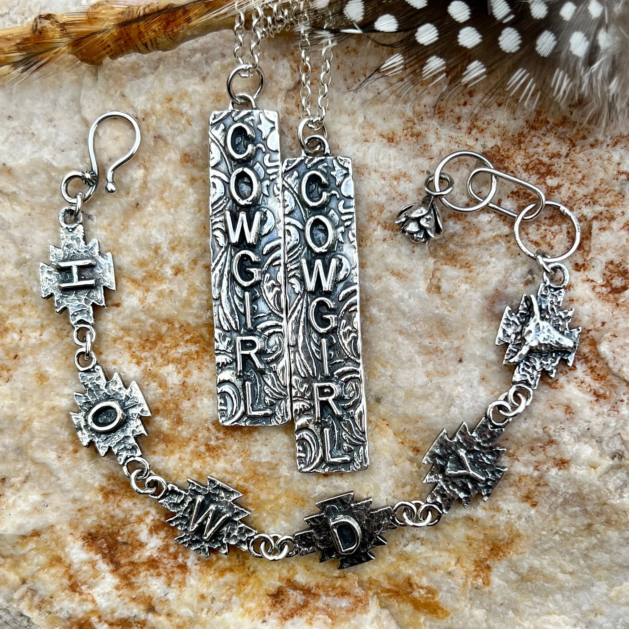 Howdy Cowgirl Aztec Sterling Silver hand carved bracelet