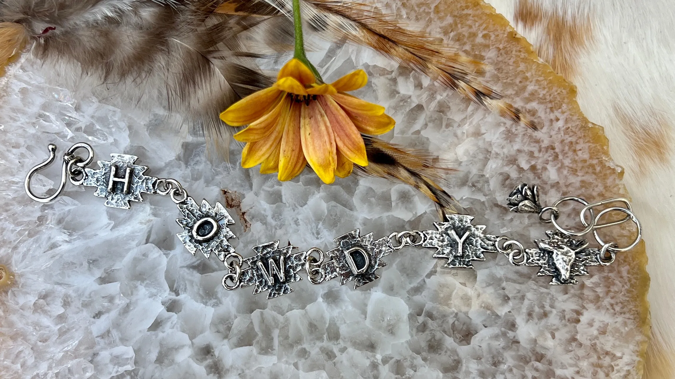 Howdy Cowgirl Aztec Sterling Silver hand carved bracelet