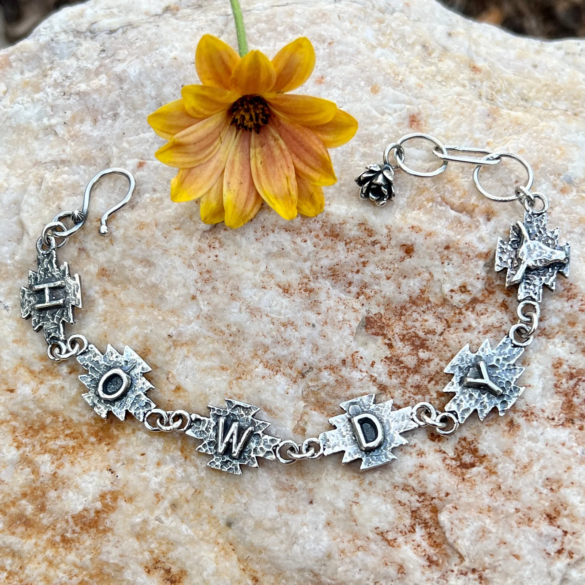Howdy Cowgirl Aztec Sterling Silver hand carved bracelet