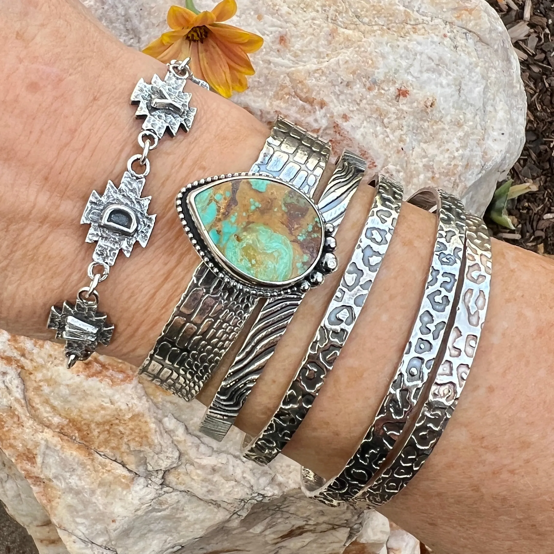 Howdy Cowgirl Aztec Sterling Silver hand carved bracelet