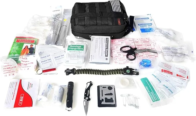 I GO Survival First Aid Kit, 251 Pieces Compact Tactical Trauma First Aid Bag, Molle Compatible Emergency Pouch for Outdoor Camping Hiking Backpacking and Travel
