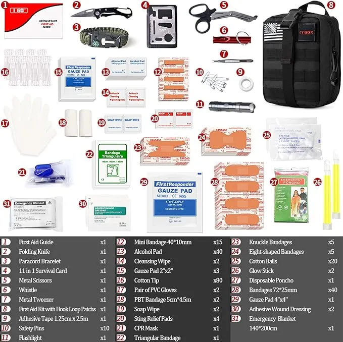 I GO Survival First Aid Kit, 251 Pieces Compact Tactical Trauma First Aid Bag, Molle Compatible Emergency Pouch for Outdoor Camping Hiking Backpacking and Travel