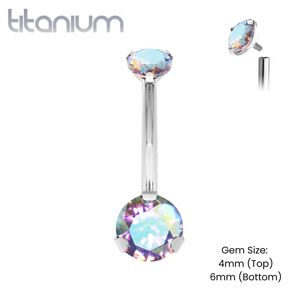Implant Grade Titanium Internally Threaded Aurora Borealis CZ Prong Belly Button Navel Ring
