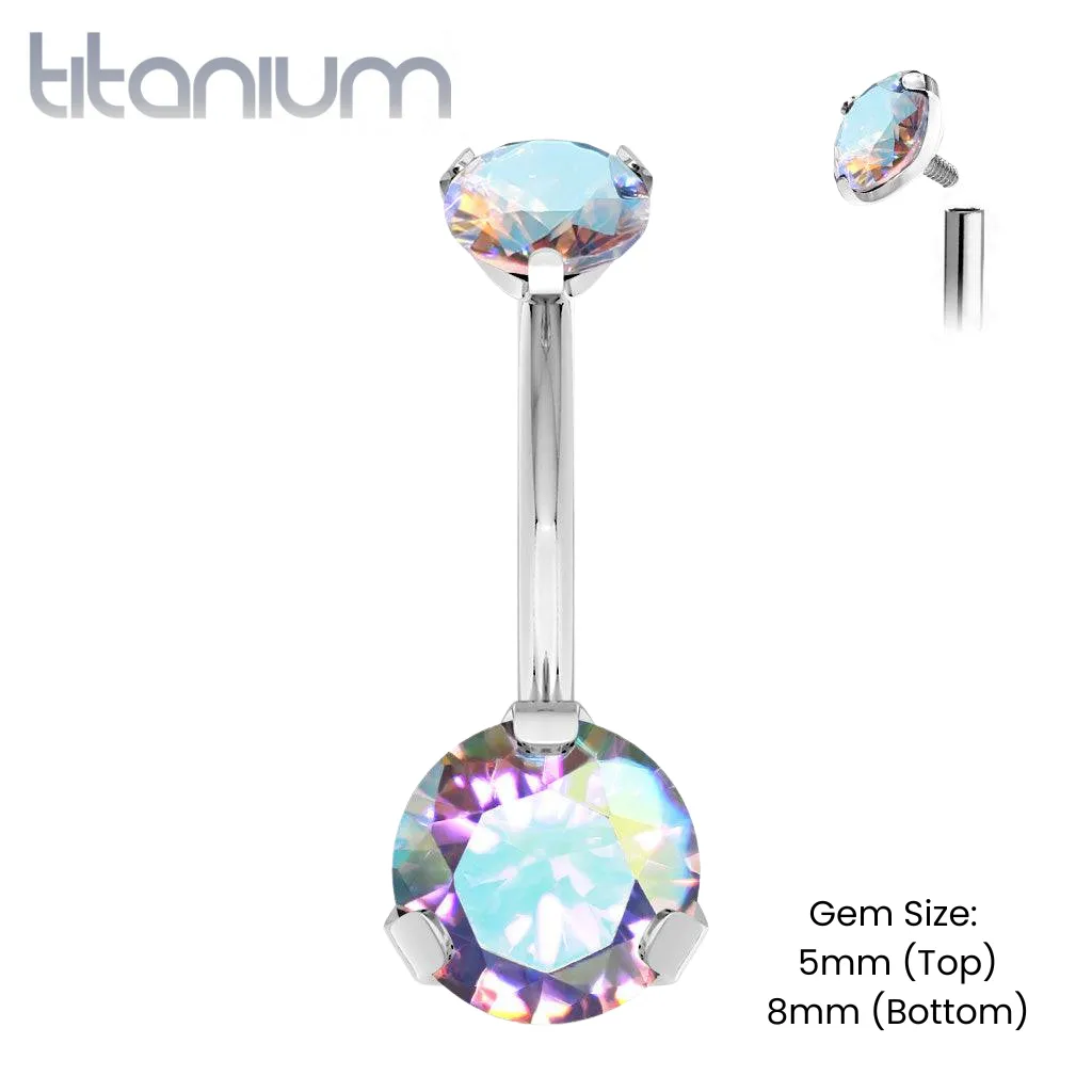 Implant Grade Titanium Internally Threaded Aurora Borealis CZ Prong Belly Button Navel Ring
