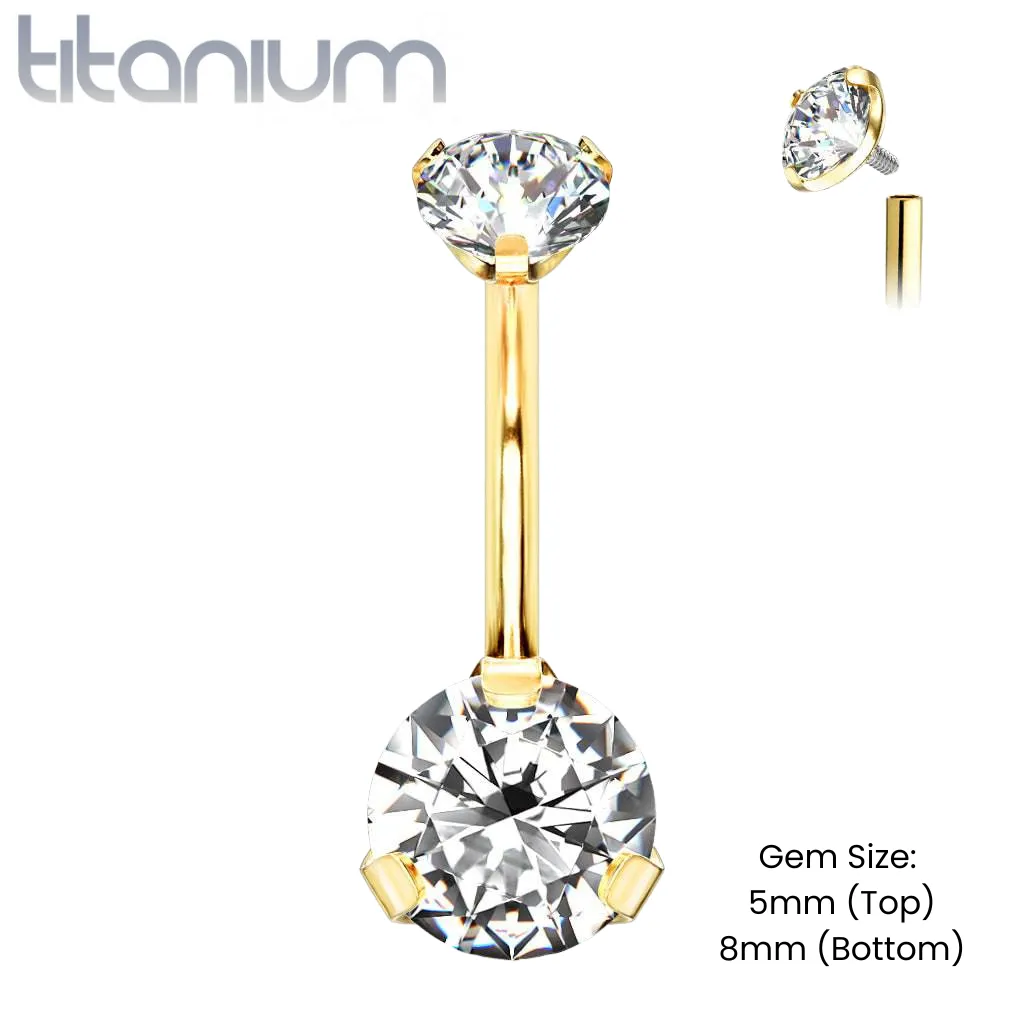 Implant Grade Titanium Internally Threaded Gold PVD White CZ Prong Belly Button Navel Ring