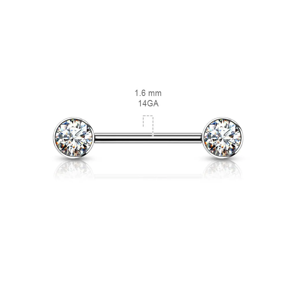 Implant Grade Titanium Nipple Barbell With Internally Threaded Aqua CZ Gems