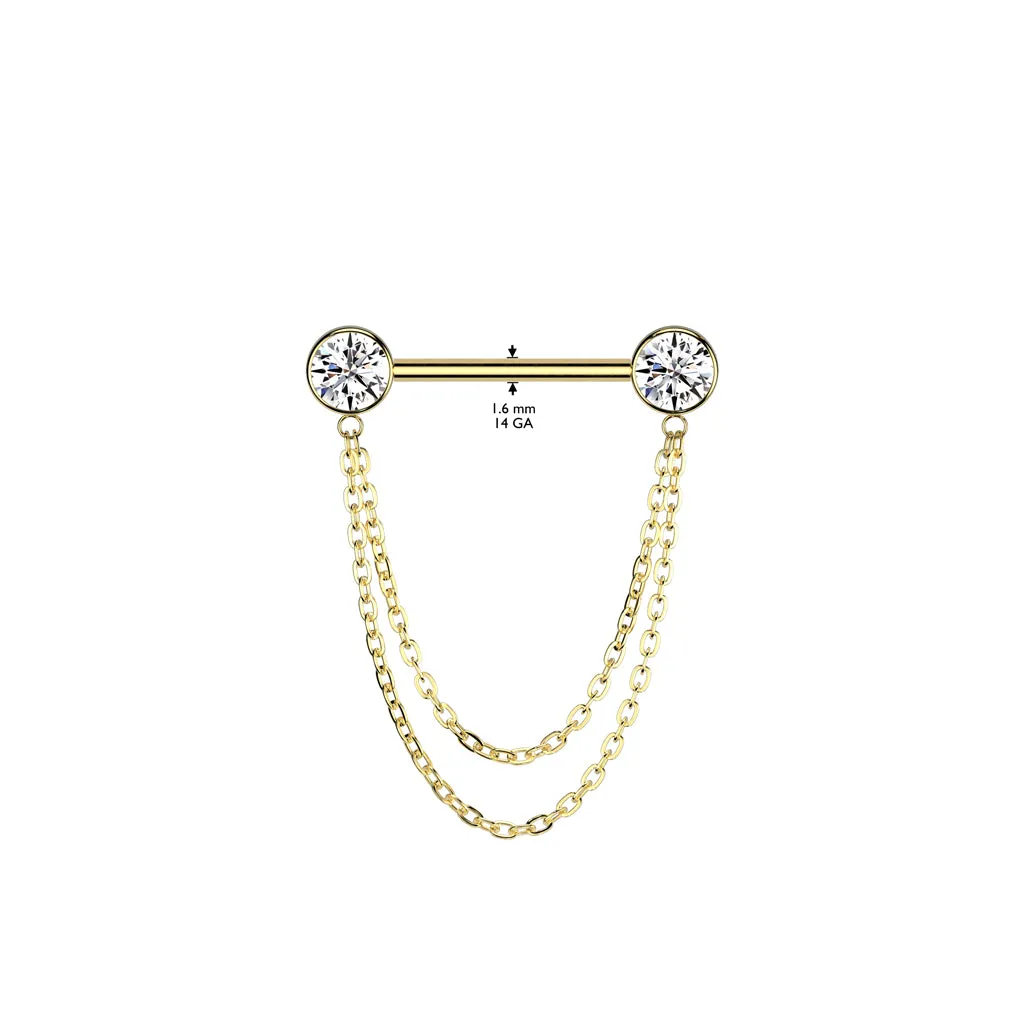 Implant Grade Titanium Pink CZ Bezel Chain Dangle Threadless Push In Straight Barbell Nipple Ring