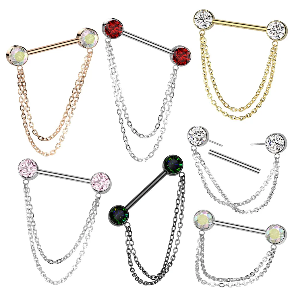 Implant Grade Titanium Pink CZ Bezel Chain Dangle Threadless Push In Straight Barbell Nipple Ring