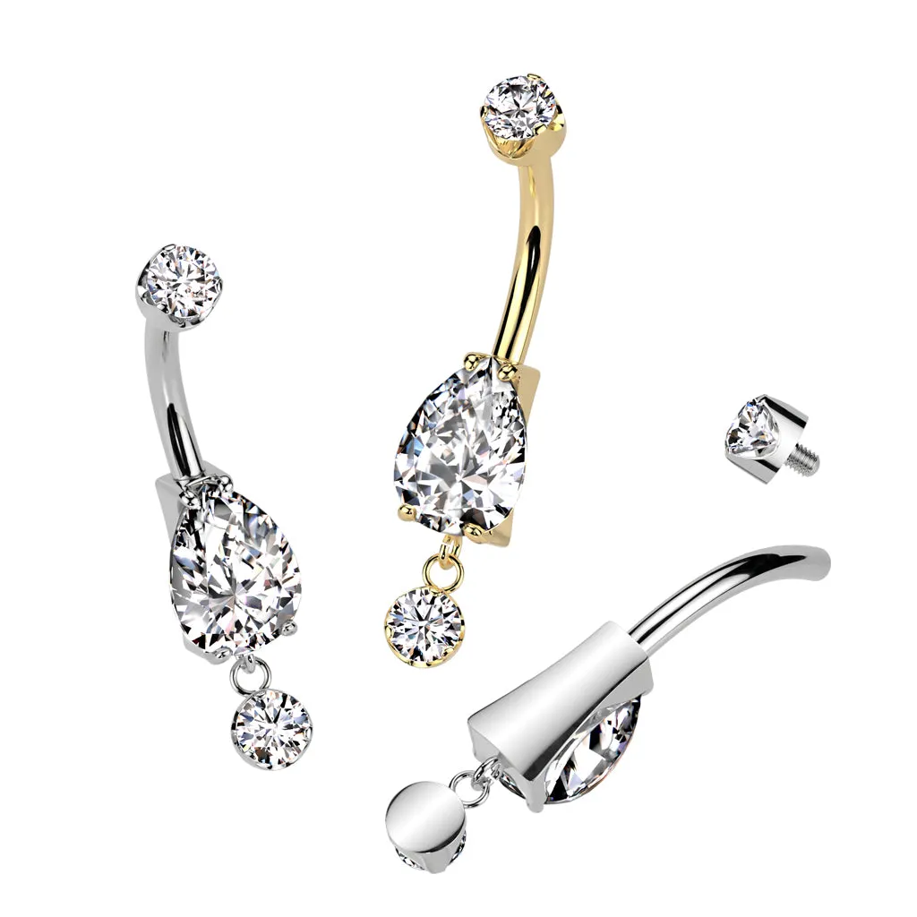 Implant Grade Titanium White CZ Teardrop Circle Dangle Belly Ring